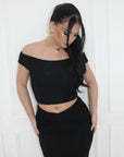 Black maxi skirt and off shoulder top