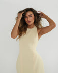 Luna Maxi - Halter Neck Back Criss-Cross Maxi Dress Yellow Fabslay