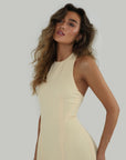 Luna Maxi - Halter Neck Back Criss-Cross Maxi Dress Yellow Fabslay
