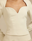Aurora Poise - V shaped Long Sleeve Top Light Beige Fabslay