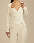Aurora Poise - V shaped Long Sleeve Top Light Beige Fabslay