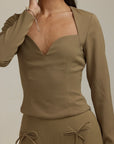 Aurora Poise - V shaped Long Sleeve Top Dark Olive Fabslay