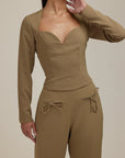 Aurora Poise - V shaped Long Sleeve Top Dark Olive Fabslay