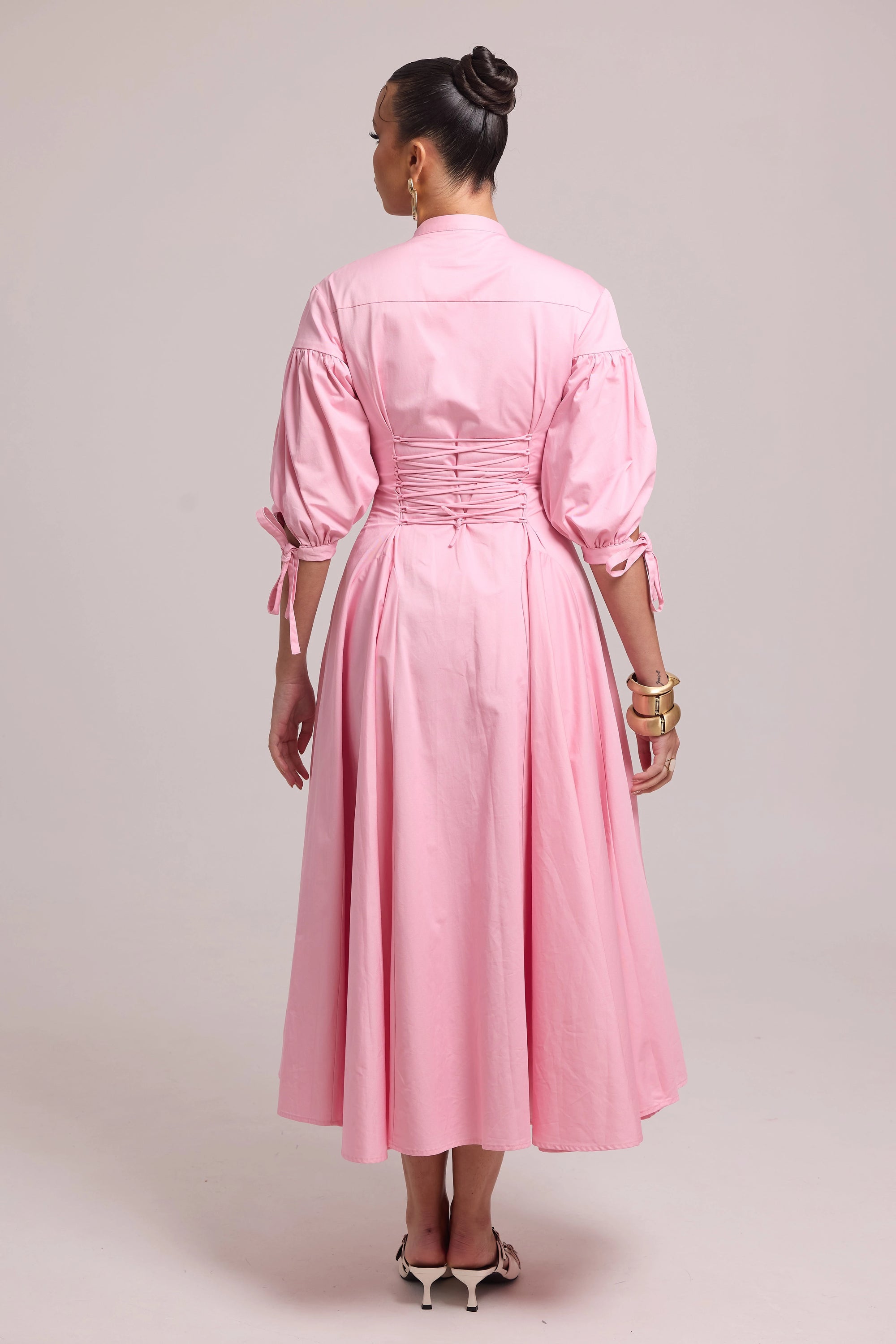 structured shirt dress with full skirt and adjustable lace-up back