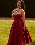 detailed tulle view of burgundy midi dress