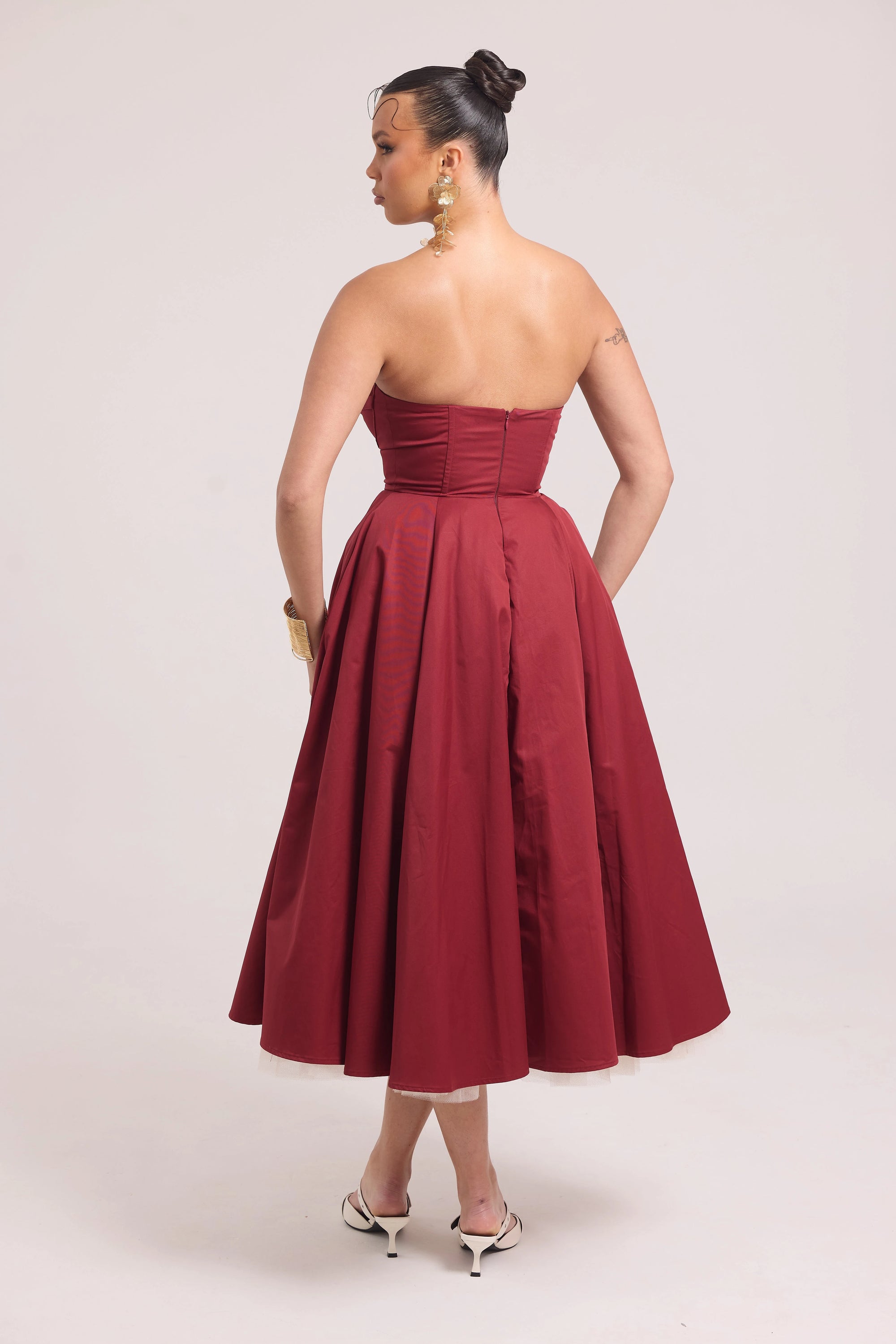 Strapless midi burgundy ball dress