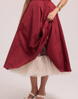 detailed tulle view of burgundy midi dress