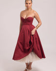 full view of burgundy midi ball dress 