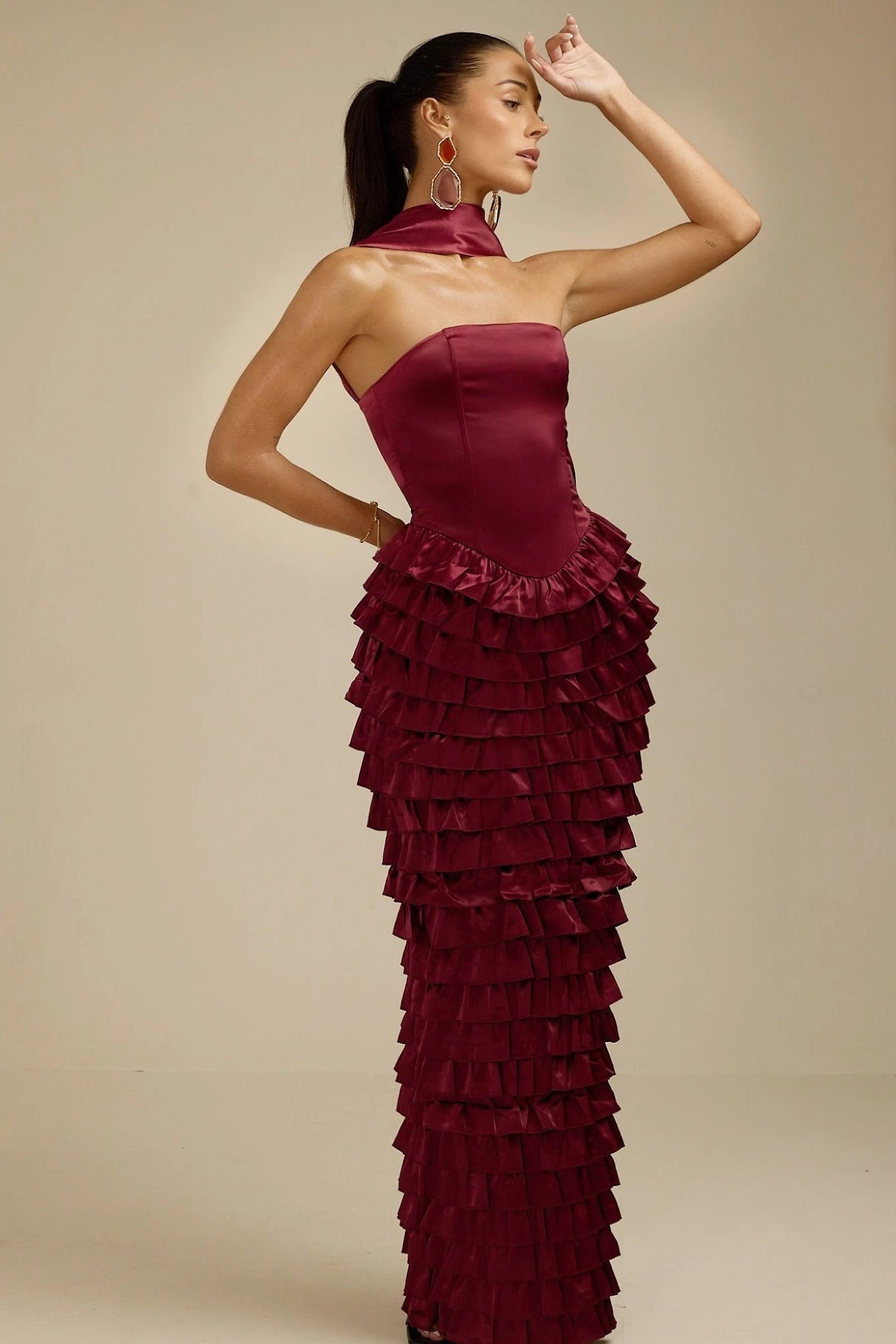 Lorrie- Sleeveless Ruffled Maxi Dress Burgundy Fabslay